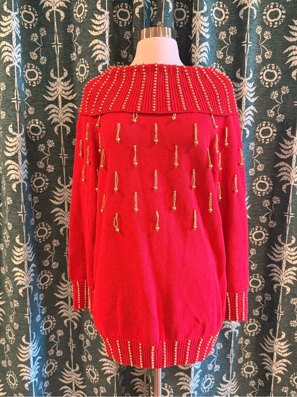 80s Vintage Viki International Red Gold Beaded Embellished Cowl Neck Sweater M